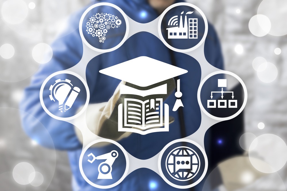 Icons representing education and industry surround an open book and graduation cap, highlighting the connection between learning and technology.