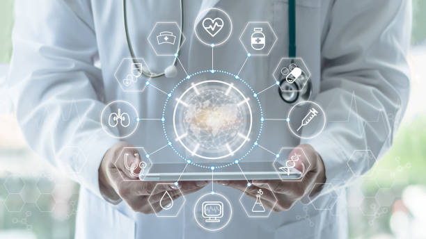 A healthcare professional in a lab coat holds a tablet displaying digital medical icons, symbolizing telemedicine and innovative healthcare solutions.